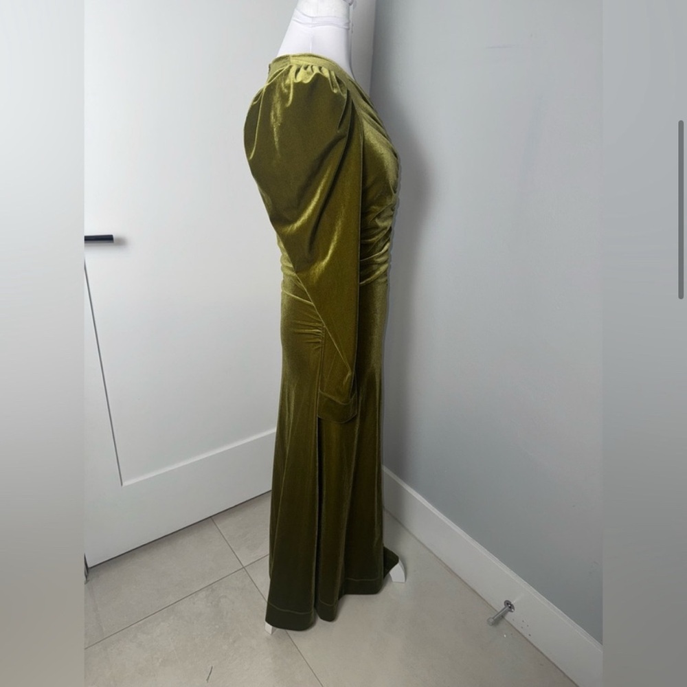 Ganni Velvet Gathered Long Sleeve Jersey Dress in Avocado - Picture 6 of 12